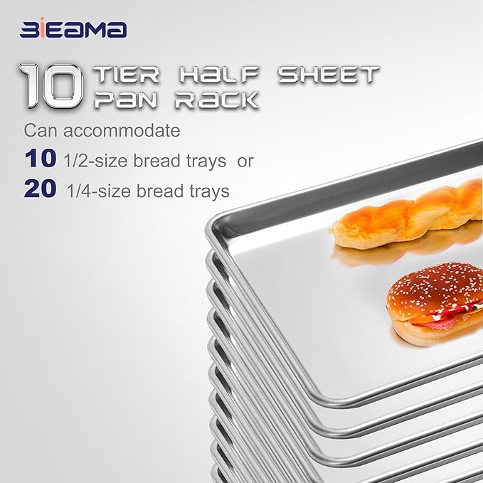 BIEAMA 10-Tier Half Sheet Pan Rack, NSF Bun Pan Rack, Aluminum Bakery Rack, Commercial Kitchen Bakery Cooling Rack, Speed Rack with 4 Wheels for 18" x 13" Sheet Pan - Image 5