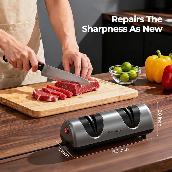 Electric Knife Sharpener, Professional Kitchen Knife Sharpener for Home Use, 2 Stages of Coarse Sharpening & Fine Polishing, Metal Dust Collection Box for Easy Cleaning, Dark Gray - Image 2