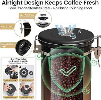 Veken Coffee Canister with Window,Airtight Stainless Steel Kitchen Food Storage Container, Date Tracker & Scoop for Grounds Coffee, Beans, Tea,Flour,Cereal,Sugar,22OZ,Copper - Image 3