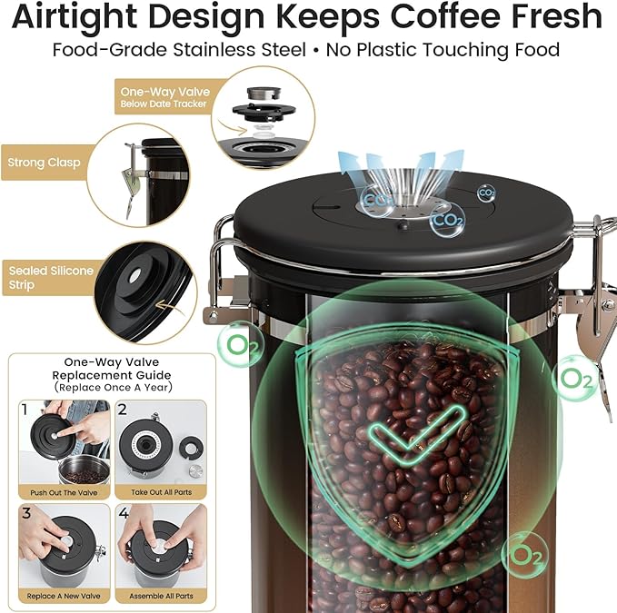 Veken Coffee Canister with Window,Airtight Stainless Steel Kitchen Food Storage Container, Date Tracker & Scoop for Grounds Coffee, Beans, Tea,Flour,Cereal,Sugar,22OZ,Copper (Pack of 2) - Image 3