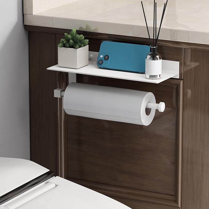 Danpoo White Paper Towel Holder with Shelf Wall Mount, Adhesive Hand Towel Holder for Bathroom, Kitchen Towel Holder - Image 6