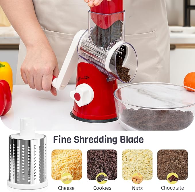 Cheese Grater Hand Crank, Rotary Cheese Shredder with 3 Interchangeable Blades for Coarse, Fine Shredding and Slicing, Strong Suction Base for Pizza, Pasta, Salad, Vegetables, Nuts, Chocolate - Image 5