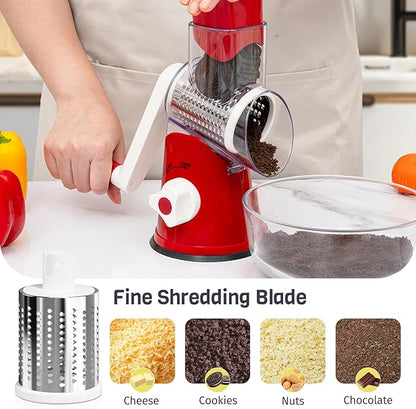 Cheese Grater Hand Crank, Rotary Cheese Shredder with 3 Interchangeable Blades for Coarse, Fine Shredding and Slicing, Strong Suction Base for Pizza, Pasta, Salad, Vegetables, Nuts, Chocolate - Image 5