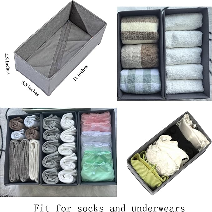 Bructhun Sock Drawer Organizer 6 Pack - Collapsible Fabric Storage Bins for Underwear Divider, Small Closet Organizers with 6 Compartments, Gray - Image 6