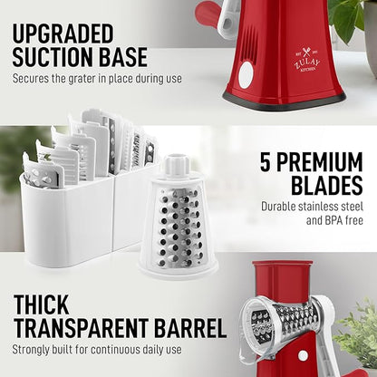 Zulay Kitchen Rotary Cheese Grater 5 Blade Cheese Shredder - Manual Hand Crank Cheese Grater With Reinforced Suction & 5 Interchangeable Drums - Easy to Use, Vegetable Chopper Round Mandoline Slicer - Image 7