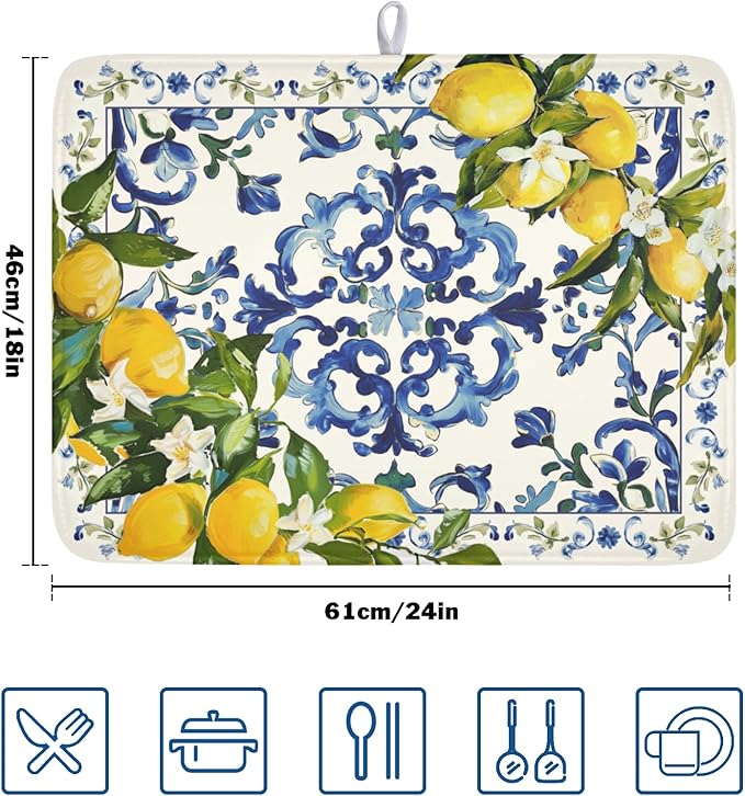 Lemon Dish Drying Mat 24x18 Inch, Blue Tiles Drying Mat with Absorbent Reversible Microfiber, Italian Olive Tree Dish Drainer Mats Summer Rack Pad for Coffee Countertop Kitchen Protector