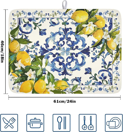 Lemon Dish Drying Mat 24x18 Inch, Blue Tiles Drying Mat with Absorbent Reversible Microfiber, Italian Olive Tree Dish Drainer Mats Summer Rack Pad for Coffee Countertop Kitchen Protector