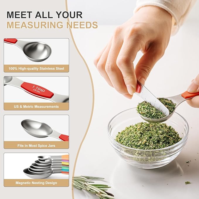 Stainless Steel Measuring Cups & Spoons Set, EWFEN Kitchen Tools Nesting Measuring Cups and Spoons, Fits in Spice Jars for Baking & Cooking, BPA Free, Set of 15 with Leveler, Multicolor - Image 5
