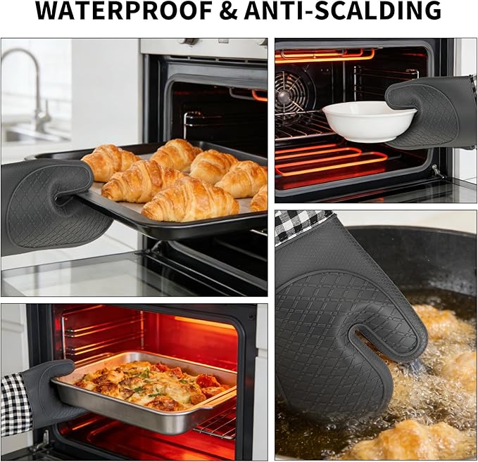Tifanso Plaid Oven Mitts and Pot Holders 4-Piece Set, Oven Mitts Gloves Heat Resistant with Non-Slip Silicone Surface for Cooking Baking Grilling, Cotton Pot Holders Pads for Kitchen Cooking (Grey) - Image 4