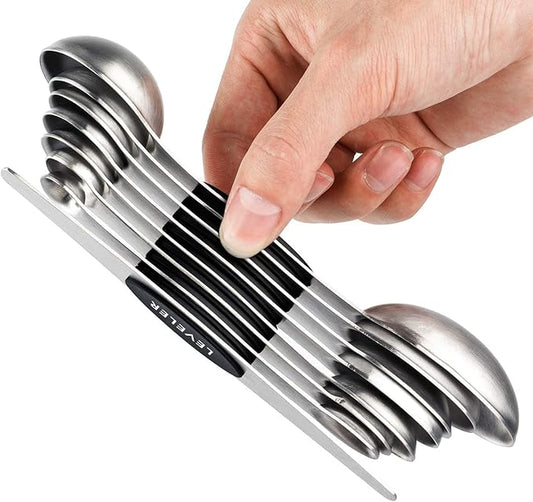 Magnetic Measuring Spoons Set of 8 Stainless Steel Stackable Dual Sided Nesting Teaspoons and Tablespoons for Measuring Dry and Liquid Ingredients by YellRin
