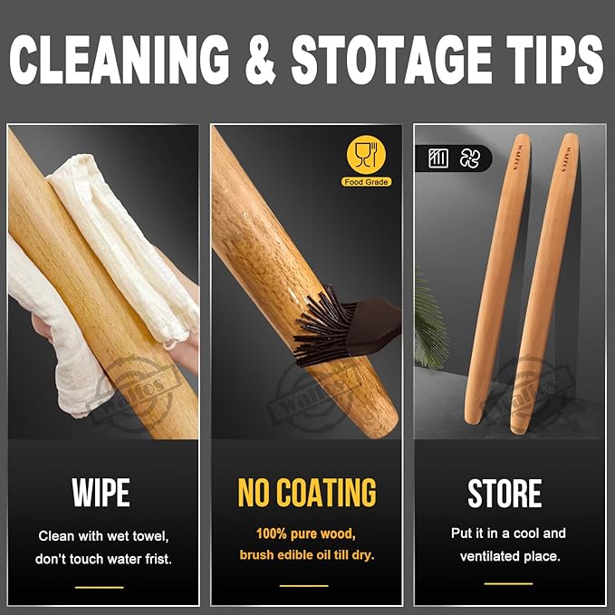 WALFOS French Rolling Pin and Silicone Baking Mat Set, Non-Stick Beech Wood Rolling Pin 15.7 Inch and Pastry Mat for Best Pie Crust, Cookie, Pasta and Pizza Dough - Image 7