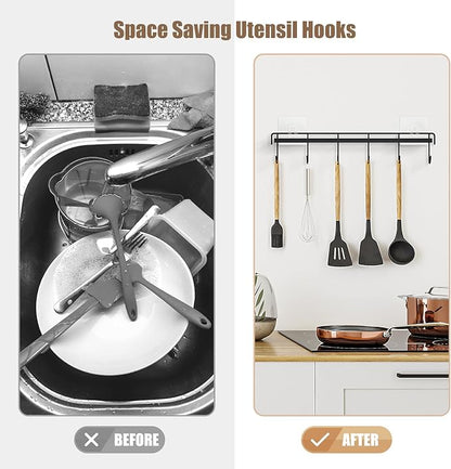 Kitchen Utensil Hanger, Adhesive Utensil Holder Wall Mount Kitchen Rack Rail with 12 Hooks, Space Saving and No Drilling, Black, 2 Pcs - Image 4