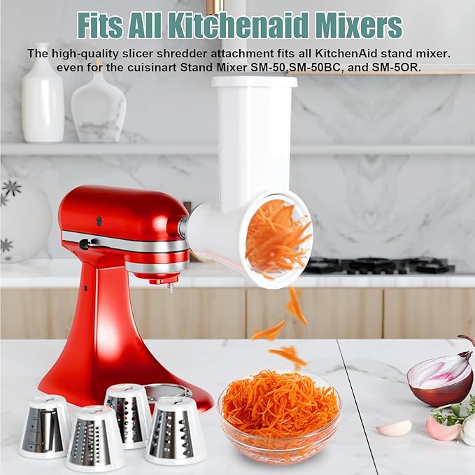 Slicer Shredder Attachment for KitchenAid Stand Mixer, Cheese Grater Attachment for Kitchenaid, Salad Maker, Grinding Powder, Dishwasher Safe with 4 Blades, White - Image 4