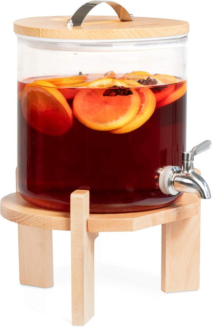 Navaris Beverage Dispenser with Stand - 1.3 Gallon (5L) Glass Drink Dispenser with Stainless Steel Spigot - Drinks Water Parties - Natural Beech Wood