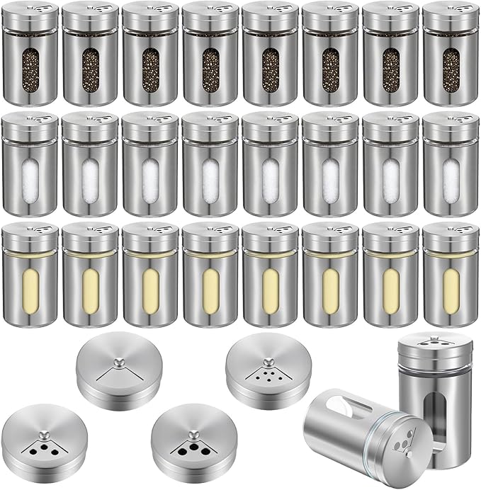 24 Pcs Stainless Steel Spice Jars with Shaker Lids, Seasoning Jars with Adjustable Pour Holes and Glass Window, Empty Spice Bottles for Kitchen Salt Pepper Sugar Seasonings (3.4oz) by Tolare