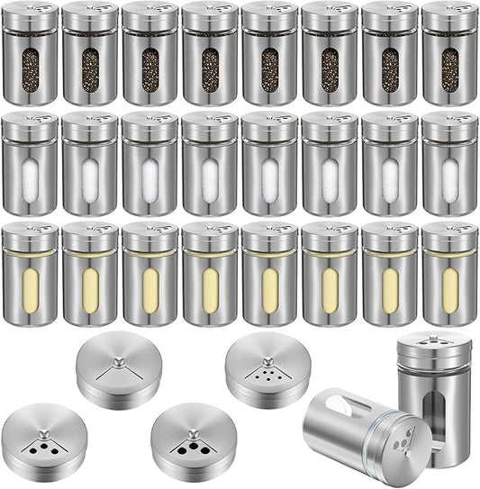 24 Pcs Stainless Steel Spice Jars with Shaker Lids, Seasoning Jars with Adjustable Pour Holes and Glass Window, Empty Spice Bottles for Kitchen Salt Pepper Sugar Seasonings (3.4oz) by Tolare