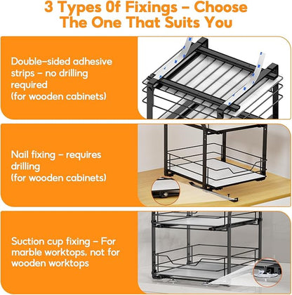 Spice Rack Organizer for Cabinet, 2 Tier Pull Out Spice Rack – Heavy Duty Metal Spice Organization for Cabinet, 50-Jar Capacity, Height Adjustable Cabinet Organizer (11.5W" X 10.5"D X 9"H, Black)