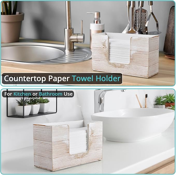 Paper Towel Dispenser Countertop, White Washed Wood Bathroom Paper Towel Holder, Napkin Holder for Kitchen, Countertop Multifold C-Fold, Z-Fold, Trifold Paper Hand Towel Dispenser for Toilet - Image 3