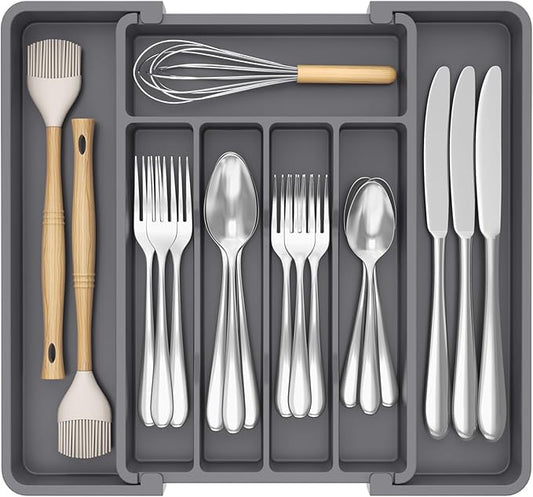 Lifewit Silverware Drawer Organizer, Expandable Utensil Tray for Kitchen, BPA Free Flatware and Cutlery Holder, Adjustable Plastic Storage for Spoons Forks Knives, 8.5-14 x 12", Dark Gray by Lifewit