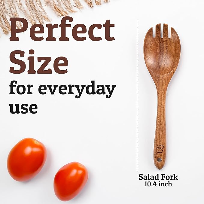 PriorityChef Premium Wooden Salad Servers - Handcrafted Teak Wood Spork - Durable Kitchen Utensil for Serving and Tossing Pasta & Sides - Nonstick Safe Wooden Salad Spoon and Fork Set Combined