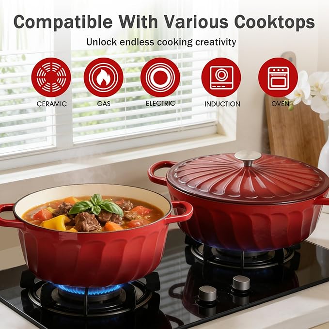 6 QT Enameled Cast Iron Dutch Oven with Lid, Non-Seasoning Enamel Coated Pot, 500°F Oven Safe, Dual Handles, Compatible with All Cooktops for Bread Baking, Braising & Stewing, White (Red,6 QT)