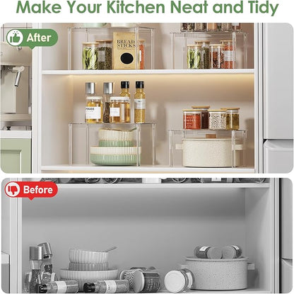 Delamu Clear Kitchen Cabinet Organizer, Set of 4 Acrylic Shelf Organizer for Cupboard Organizers and Storage, Stackable Cabinet Shelf for Plate, Dish, Bowl, Cup & Mug, 11.7" W x 7.7" D x 6.3" H
