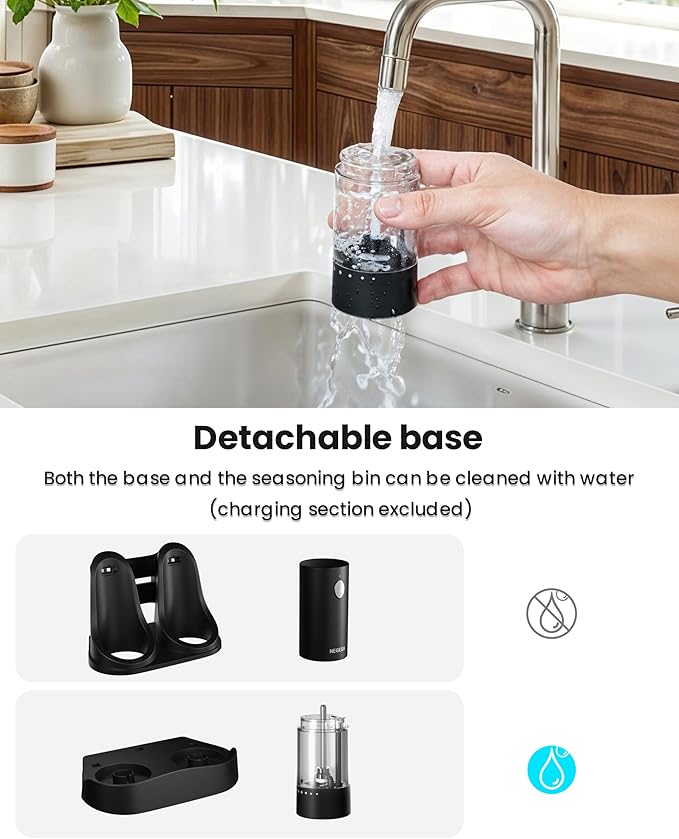 Electric Salt and Pepper Grinder Set with Rechargeable Base - Automatic Refillable Electric Salt and Pepper Shakers with Large Capacity, LED Light & Adjustable Coarseness, Black - Image 6