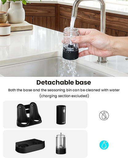 Electric Salt and Pepper Grinder Set with Rechargeable Base - Automatic Refillable Electric Salt and Pepper Shakers with Large Capacity, LED Light & Adjustable Coarseness, Black - Image 6