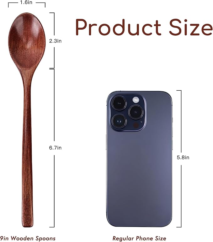 6pcs 9in Wooden Spoons, Soup Spoons Set, Long Handle Wooden Utensils for Cooking, Tasting, Serving, Stirring and Mixing (6pcs 9in) - Image 2