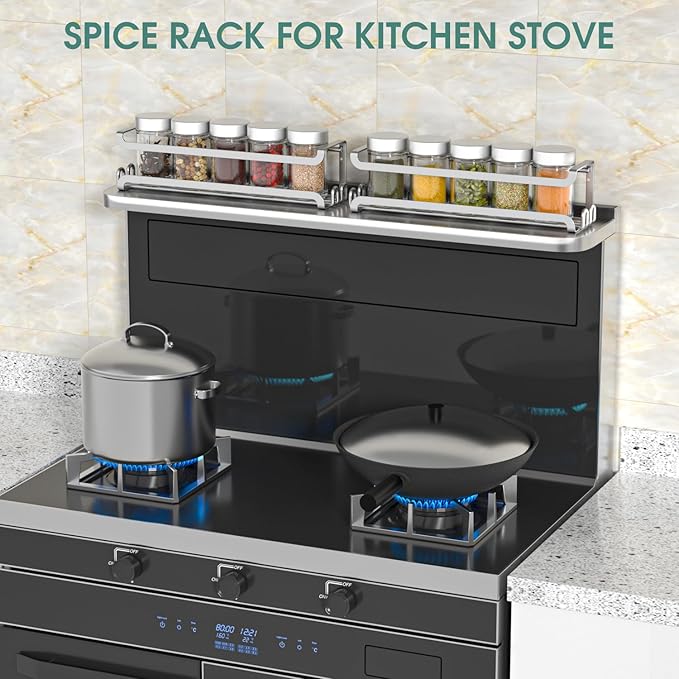 LUCYCAZ 2 Pack Wall Mounted Spice Rack with 8 Hooks, Spice Organizer Shelf for Stove Cabinet Pantry Door,Screw or Adhesive Spice Shelf Hanging Wall Spice Rack in Kitchen and RV (Silver, 2 PACK) - Image 8