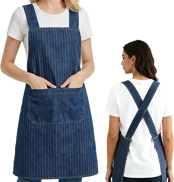 Adult Jour Apron, Lightweight Cotton Apron with Front Pocket, Denim Cross Back Aprons, Durable & Stain-Resistant