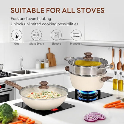 NEWBULIG 17-Piece Nonstick Cookware Set, Non-Toxic Pots and Pans with Stay-Cool Handles, Induction Compatible Cookware, PFAS & PFOA-Free, Cream White