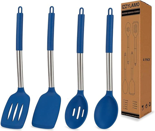 4 Pack Silicone Utensils Set，Non Stick Solid Spatulas, Slotted Spoons with Stainless Steel Handle，Spatulas for Cooking，Frying, Mixing, Serving -Blue
