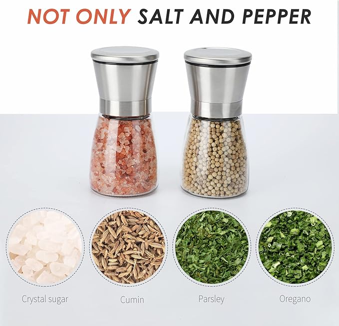 Ebaco Salt and Pepper Grinder Set - Refillable Grinder Adjustable Coarseness of Pepper Salt Spice Stainless Steel Mills Glass 6oz（2 Pack） - Image 4