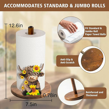 Highland Cow Paper Towel Holder, Cute Highland Cow Decor for Farmhouse Kitchen Bathroom Countertop, Wooden Stand with 3D Accent, Fits Standard & Jumbo Rolls, Gifts for Women Mom Grandma