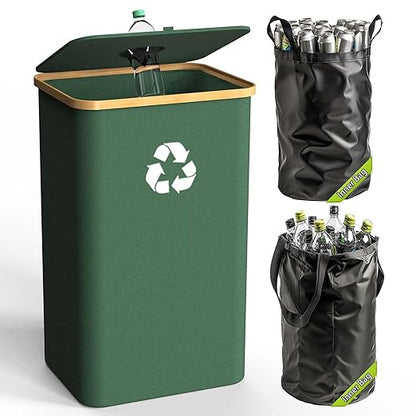 Recycling Bin for Kitchen Indoor Home, Large 100L/ 26 Gallon Recycle Bin with Lid Removeable Reusable Inner Bag Bottle Can Glass Waste Plastice Stickers (Green, 26 Gallon) by Pakusane