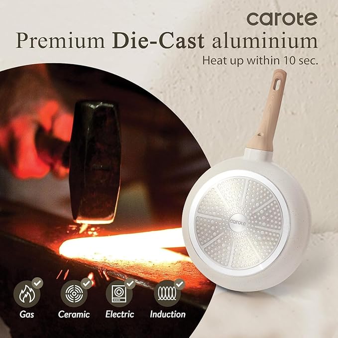 CAROTE Non Stick Frying Pan Skillet, Omelet Pan, Healthy Non Toxic Granite Chef Pan, Induction Compatible Egg Frying Pan with Heat-Resistant Handle, PFOA-Free, Cream White, 12" - Image 7