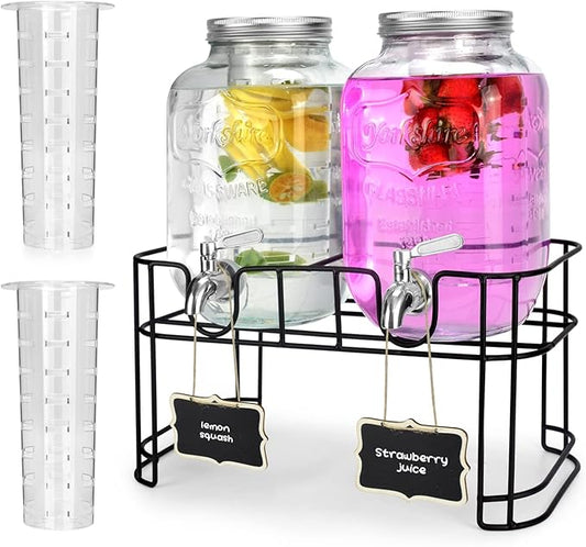 1 Gallon Glass Drink Dispensers For Parties 2PACK.Beverage Dispenser,Glass Drink Dispenser With Stand And Stainless Steel Spigot 100% Leakproof.Lemonade Dispenser With Ice Cylinder.Laundry Detergent by DD%26HAPP