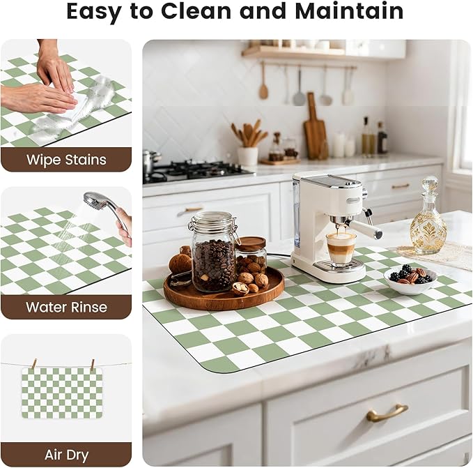 17" x 32" Checkered Dish Drying Mat for Kitchen Counter, Absorbent Coffee Bar Mat for Espresso Machine Coffee Countertops Accessories, Sage - Image 7
