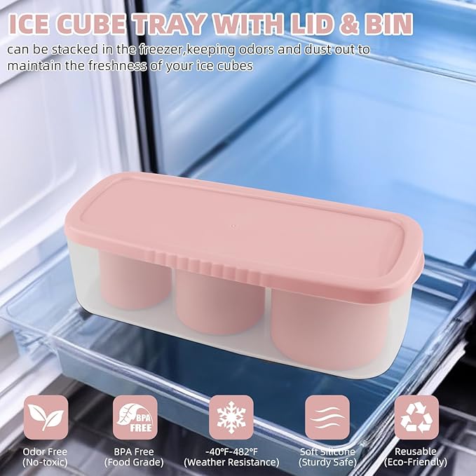Tcamp Ice Cube Tray for 30 oz Tumbler Cup Ice Mold, 3 Pcs Silicone Hollow Cylinder Ice Tray with Lid and Bin for Freezer, Ice Drink, Juice, Whiskey, Cocktail (Pink)
