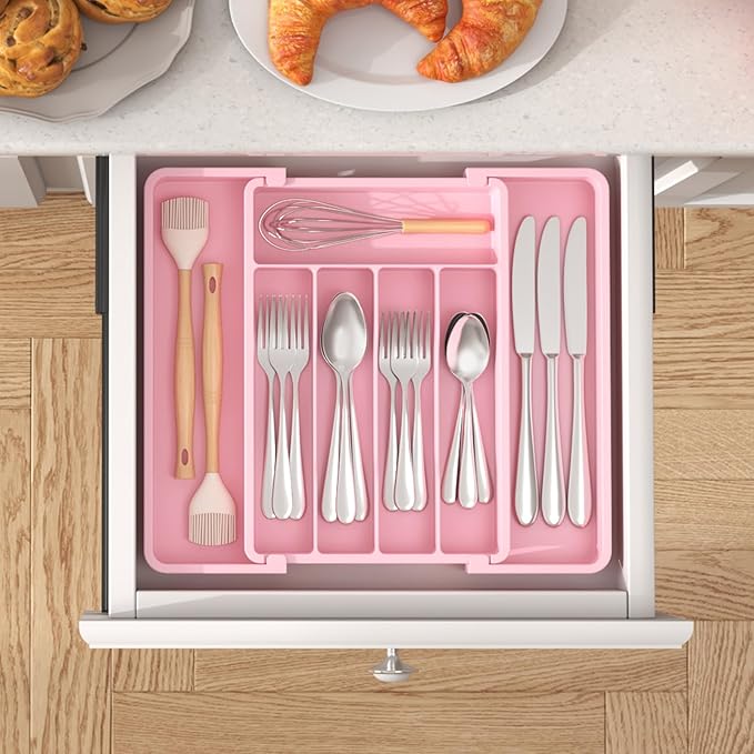Lifewit Silverware Drawer Organizer, Expandable Utensil Tray for Kitchen, BPA Free Flatware and Cutlery Holder, Adjustable Plastic Storage for Spoons Forks Knives, 8.5"-14.1" x 12.1", Pink - Image 8