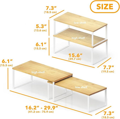 SpaceAid Cabinet Shelf Organizers 2 Pack, Kitchen Counter Rack Shelves Riser, Stackable Expandable Spice Rack, Pantry Cupboard Storage Organization (White and Natural, Long) - Image 2