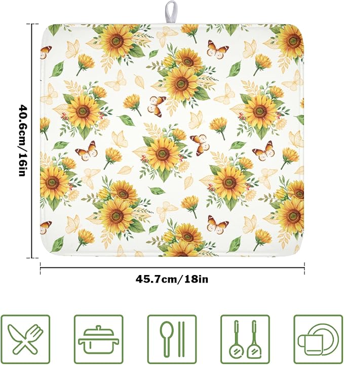 Sunflower Dish Drying Mat for Kitchen Counter Summer Yellow Floral Microfiber Dish Drainer Mat Rustic Farmhouse Absorbent Washable Drying Pad 16"x18"