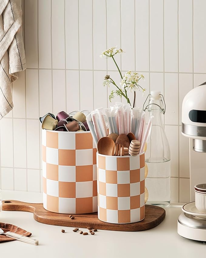 Utensil Holder，7.2 Inch Checkered Utensil Holder, Ceramic Cooking Utensil Spoon/Spatula Holder for Countertop, Kitchen Decor and Accessories, Brown - Image 5