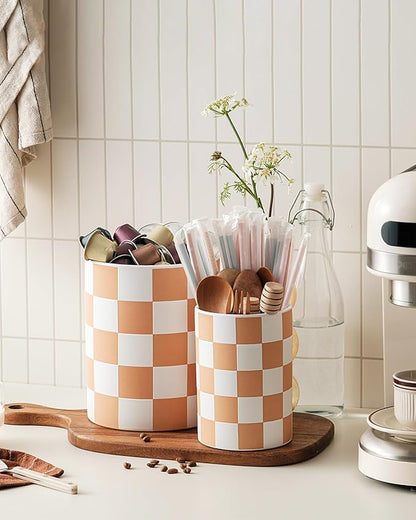 Utensil Holder，7.2 Inch Checkered Utensil Holder, Ceramic Cooking Utensil Spoon/Spatula Holder for Countertop, Kitchen Decor and Accessories, Brown - Image 5