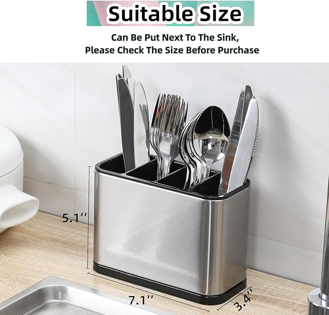 LIBODOUR Utensil Holder,Stainless Steel Caddy Counter,Spoon holder,4 Compartments Silverware Caddy,Capacity Flatware Spoon Fork Tool Cutlery Holder（Silvery） - Image 4