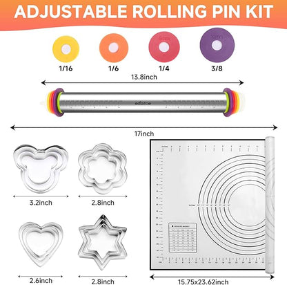 Stainless Steel Rolling Pin with Thickness Rings and Pastry Baking Mat, Pizza, Cookie, Bread, Pie Crusts,Roller Rod for Dough Thickness, 13.6" with 4 Multicolored Thickness Rings&Cookie Molds