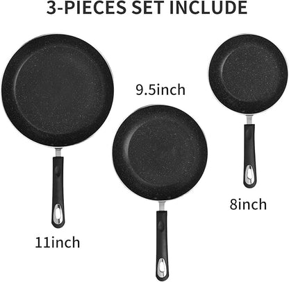 Frying Pan 3-Piece Set, Nonstick Skillet Set for Induction Cooktop, Frying Pan Nonstick 8 Inch+9.5 Inch +11 Inch (Black) - Image 3