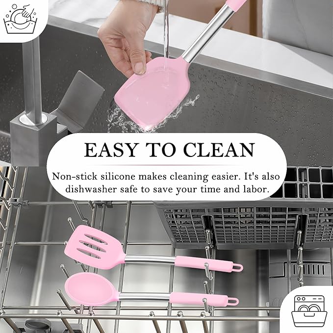 TeamFar Kitchen Utensils, 4 PCS Silicone Cooking Utensils Spatula Spoon Set with Stainless Steel Handle, for Frying Mixing Draining Turning, Healthy & Heat-proof, Non-stick & Dishwasher Safe - Pink - Image 7