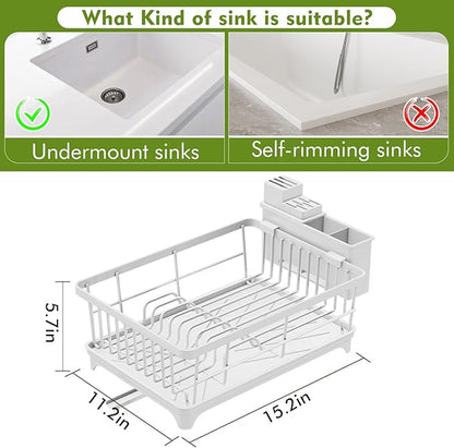Kmiectse Dish Drying Rack - Space-Saving Small Dish Rack for Kitchen Counter, Rust-Resistant Kitchen Drying Rack, Compact Dish Drainer Organizer with Utensil Holder for Home Kitchen, White - Image 2